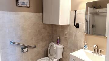 Hair dryer, towels, soap, toilet paper