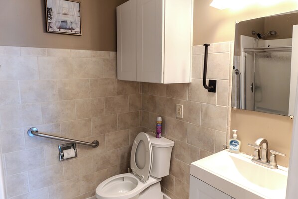 Hair dryer, towels, soap, toilet paper