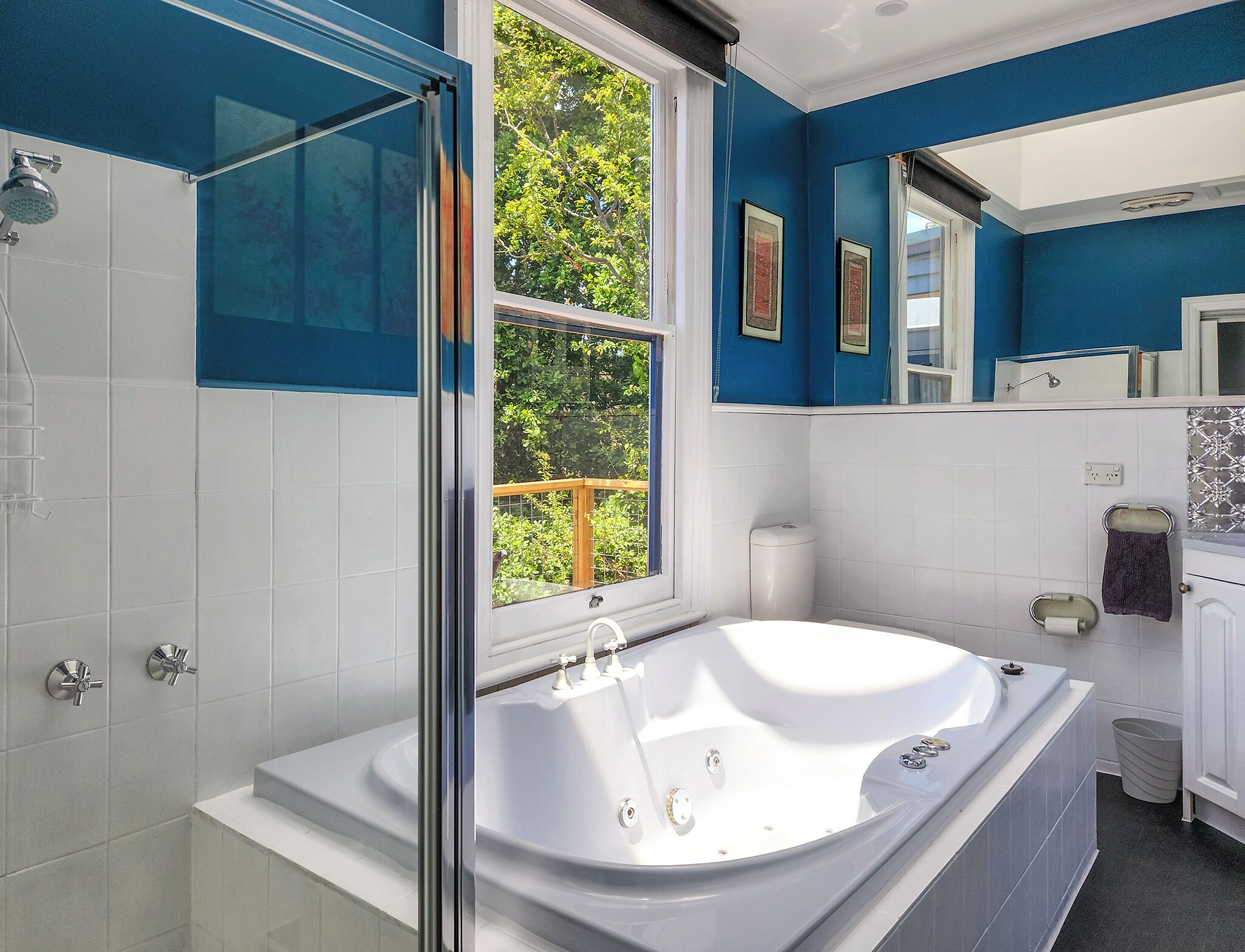 Shower, jetted bath, hair dryer, towels