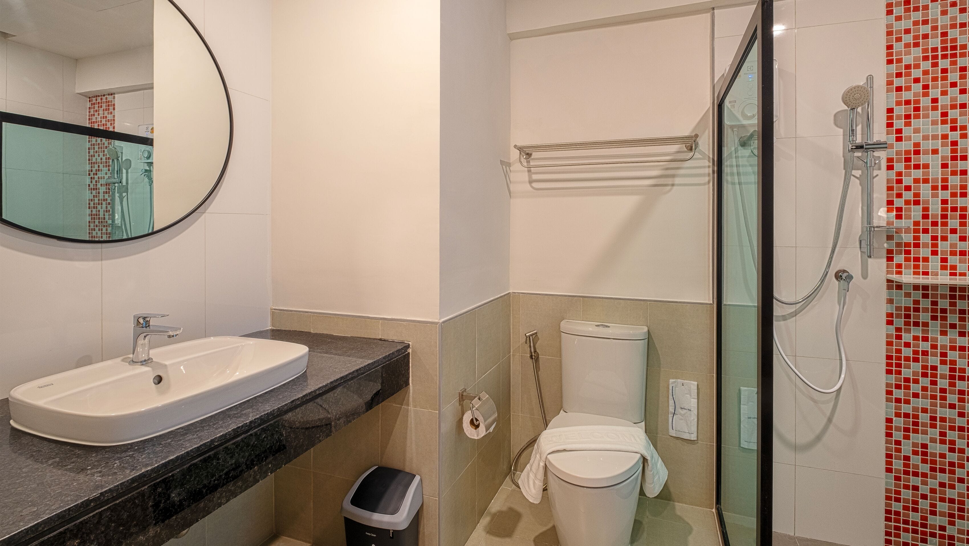 Un baño con lavabo, espejo, inodoro y ducha.