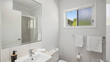 Shower, hair dryer, towels
