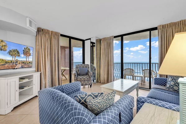 Signature Condo, 3 Bedrooms, Balcony, Ocean View | Living room | 50-inch Smart TV with digital channels - Palms Resort Condos (Myrtle Beach)