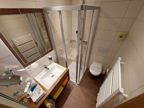 A modern bathroom with a glass shower enclosure, a sink with a mirror, and a toilet.