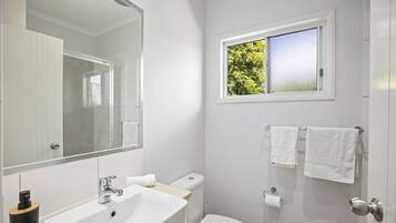 Shower, hair dryer, towels