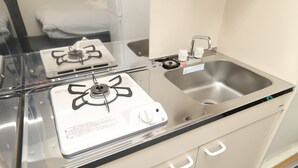 Una kitchenette con estufa a gas, lavamanos y armarios.