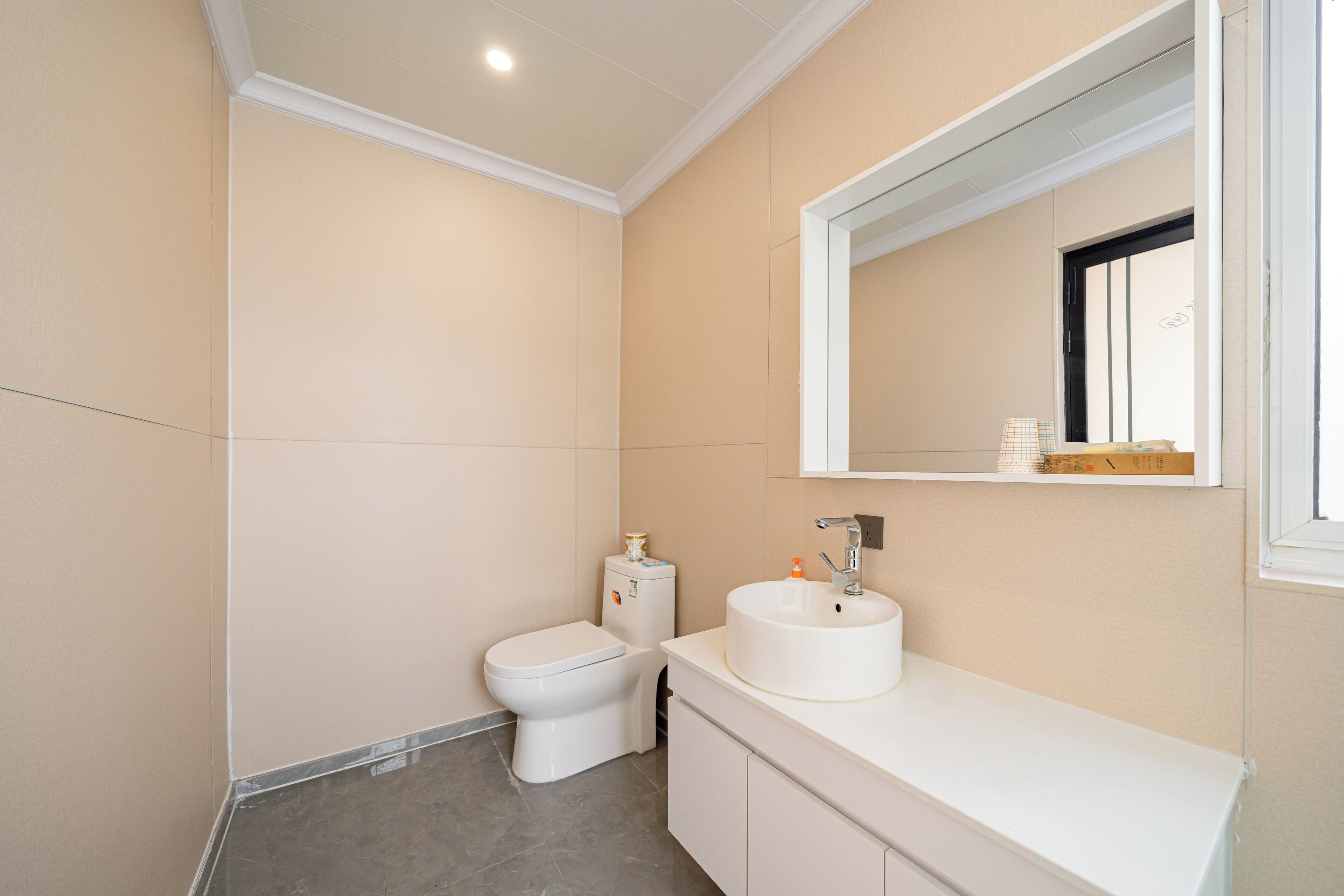 A bathroom with a toilet, sink, and mirror.