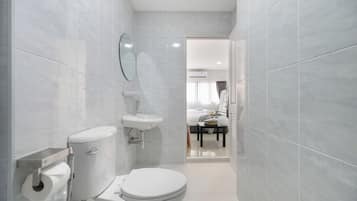 Shower, hair dryer, bidet, towels