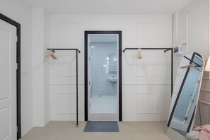 Hair dryer, bidet, towels, soap