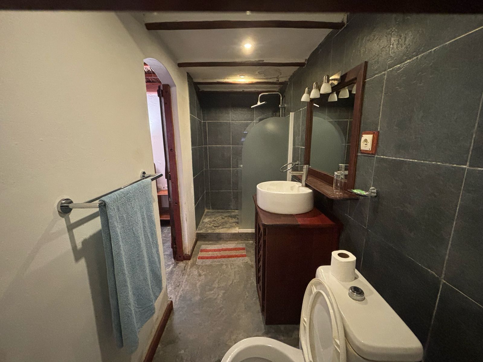 A narrow bathroom with a white toilet, a sink with a mirror, and a shower area.