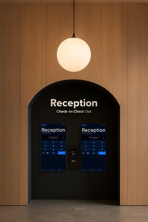 Een receptiegedeelte met een digitale kiosk voor in- en uitchecken, een keypad en een hanglamp.