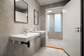 Regadera, secadora de cabello, toallas, jabón 