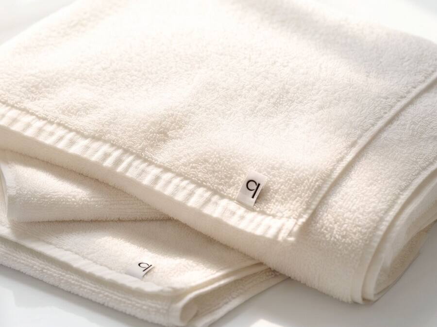 A folded white towel with a tag.