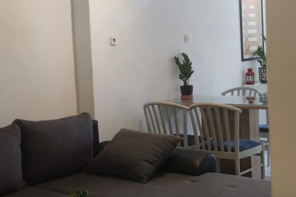 A living room with a sofa, a dining table with chairs, a potted plant, and a framed picture on the wall.