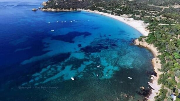 Luftaufnahme einer Küstenlandschaft mit klarem, blauem Wasser, einem Sandstrand und grünen Hügeln.