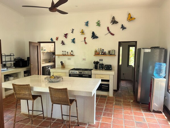 Una cocina con una isla central, dos taburetes de bar, un ventilador de techo y arte mural con mariposas.