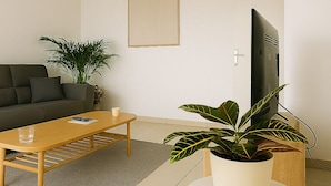 A modern living room with a sofa, coffee table, potted plant, and a flat-screen TV. - Charming apartment with terrace (Le Cannet)