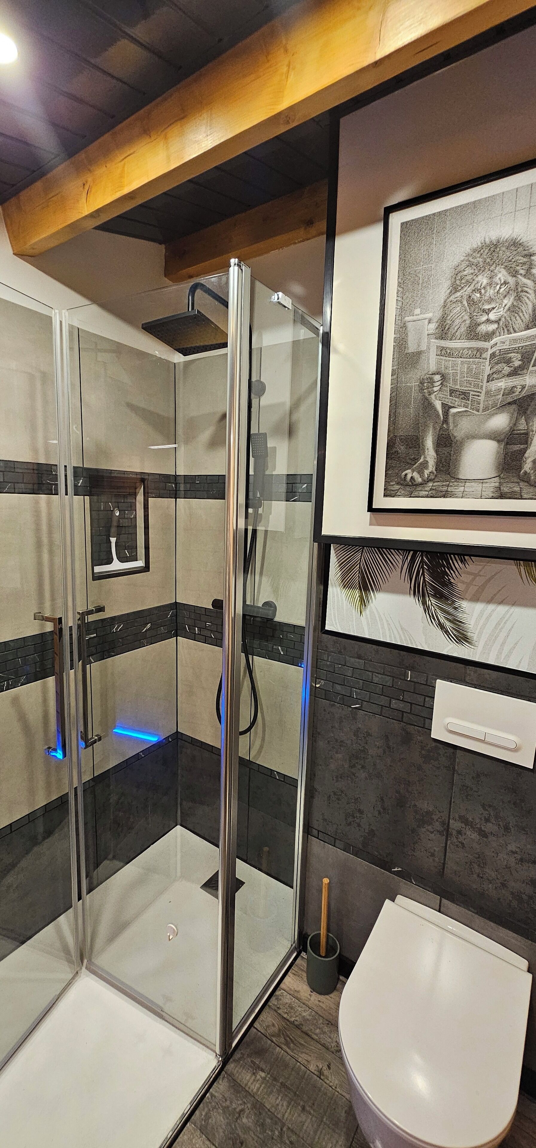 Een moderne badkamer met een douchecabine van glas, een wit toilet en een zwart-wit foto in een lijst aan de muur.