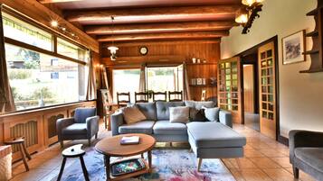 Televisie, een open haard, een dvd-speler en boeken