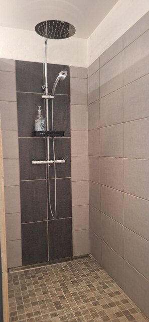 Shower, eco-friendly toiletries, hair dryer, towels