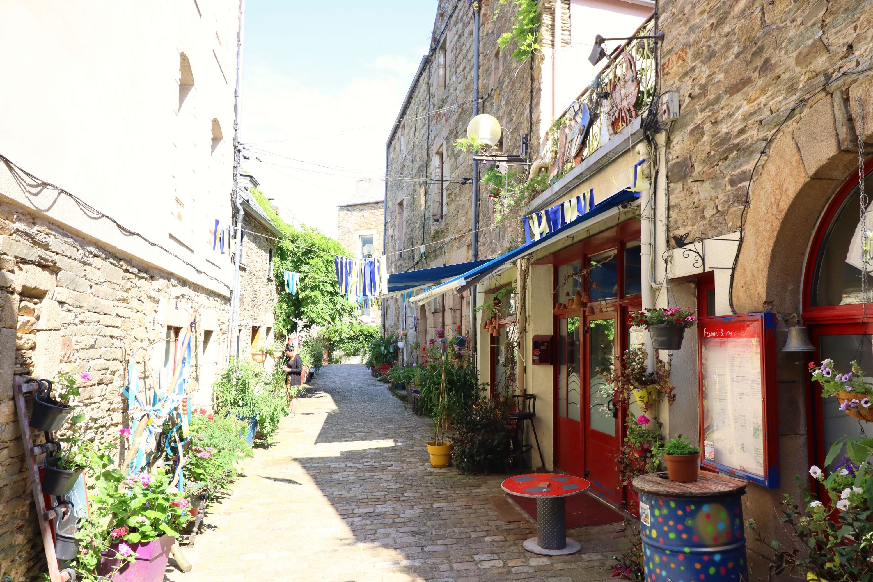 Une ruelle étroite pavée, bordée d’immeubles, dont certains sont dotés de balcons et de plantes suspendues.