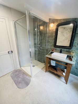 Shower, hair dryer, towels