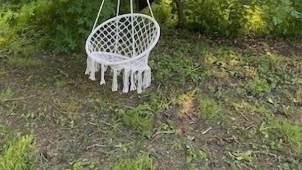 Une chaise suspendue, de couleur blanche, est accrochée à une branche d’arbre dans une zone boisée.