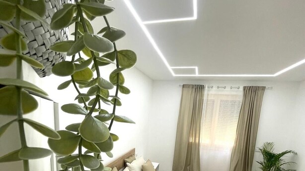 A modern bedroom with a bed, a hanging plant, a window with curtains, and a bedside table. - Roman luxury location, St. Peter's  (Roma)