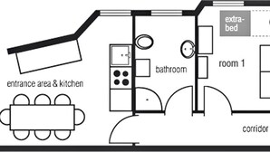 A floor plan with an entrance area, kitchen, bathroom, two rooms, a corridor, and two extra-beds.
