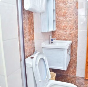 Douche, serviettes fournies, savon, papier toilette