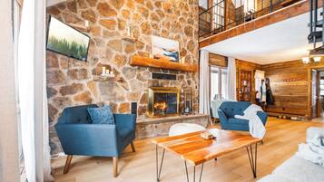 Smart TV, fireplace, books