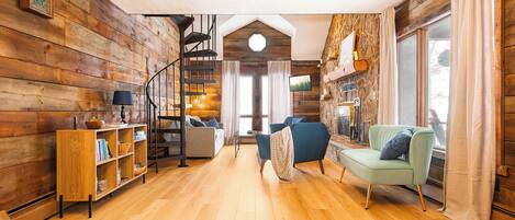 Smart TV, fireplace, books