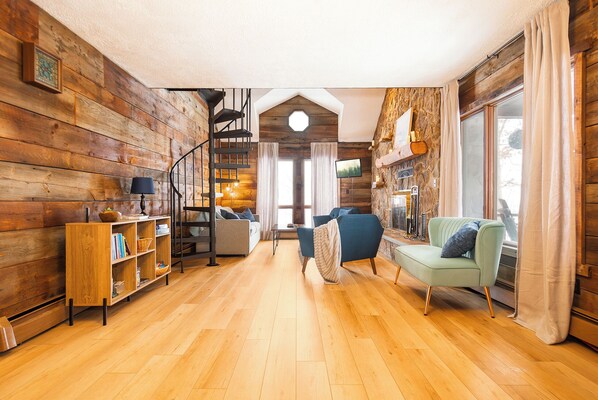 Smart TV, fireplace, books