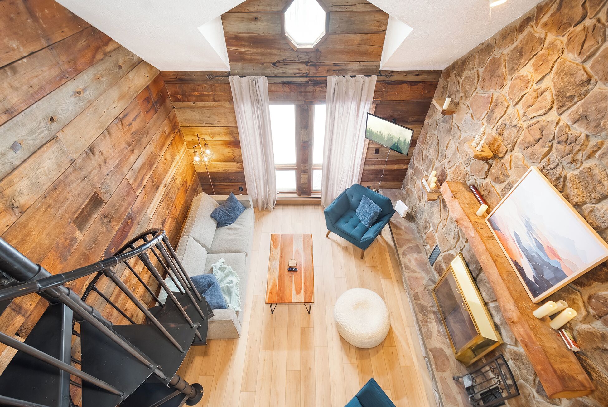 Smart TV, fireplace, books