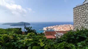 A coastal town with stone buildings and a view of the sea.