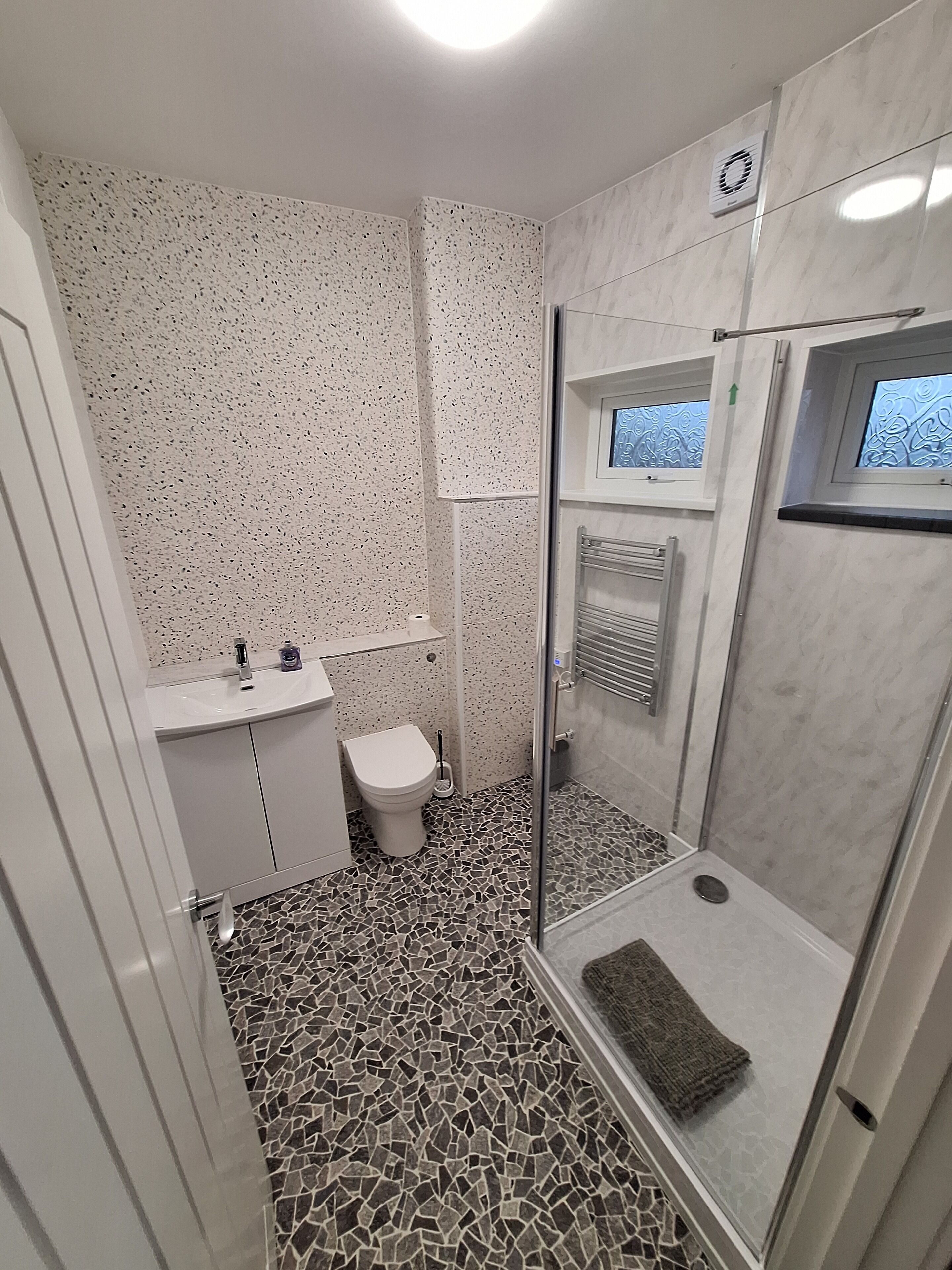 Shower, towels, toilet paper