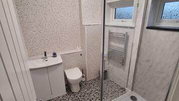 Shower, towels, toilet paper
