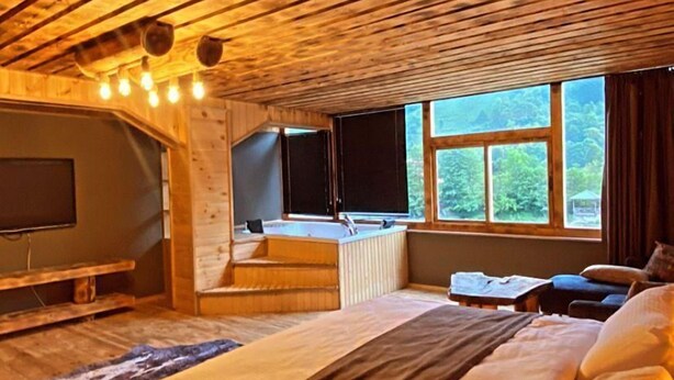 Een gezellig slaapkamer in een chalet, met houten plafond, een groot bed, een televisie en een raam met uitzicht op groen.