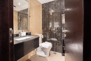 Hair dryer, towels, soap, toilet paper