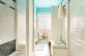 Shower, hair dryer, bidet, towels