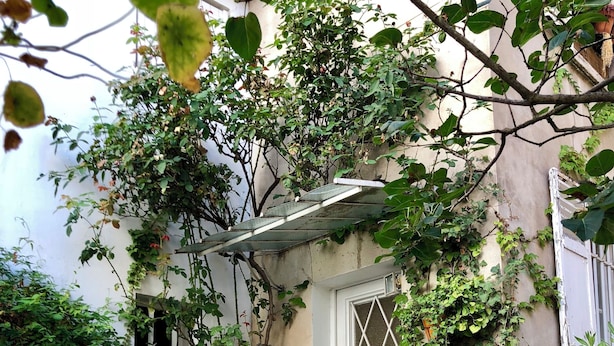 A courtyard with a white door, potted plants, and a cobblestone path. - Charming family home near Sacrée Coeur  (Ile de France, Paris)