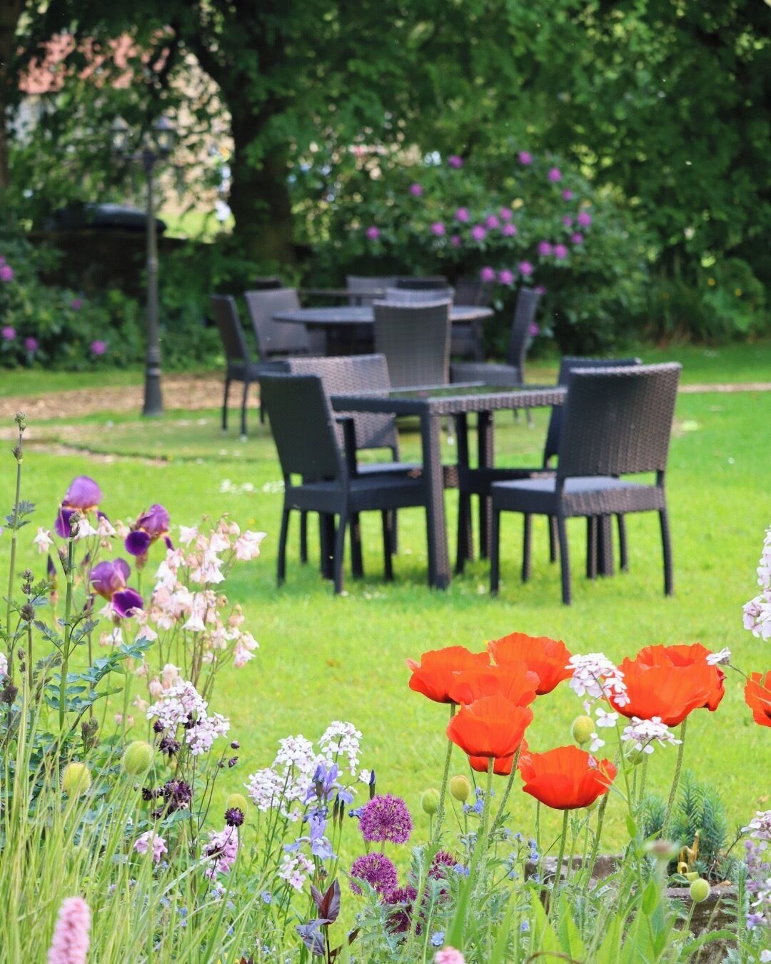 An outdoor seating area with a table and chairs, surrounded by a garden with various flowers and greenery.