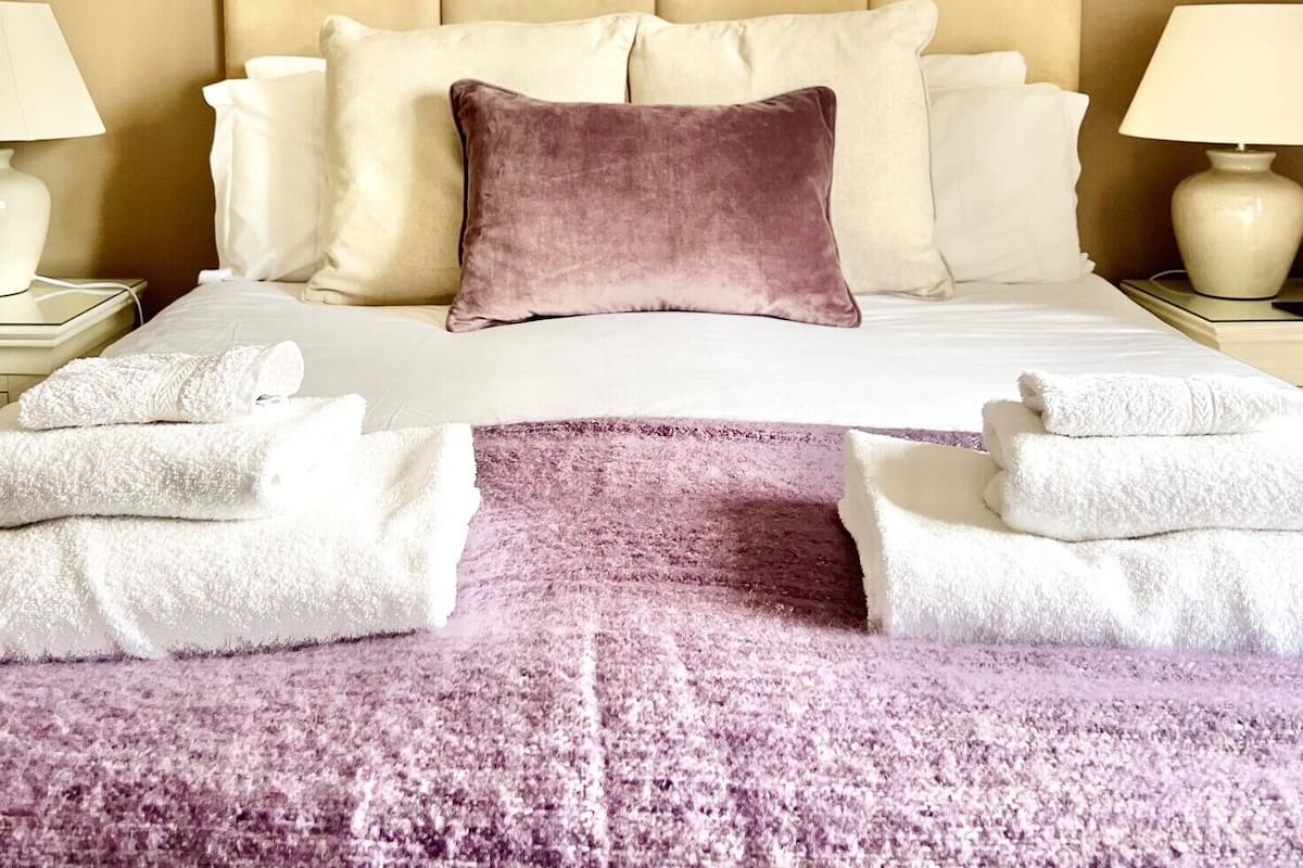 A hotel room with a large bed, multiple pillows, a headboard, two bedside tables, a lamp, and a purple area rug.