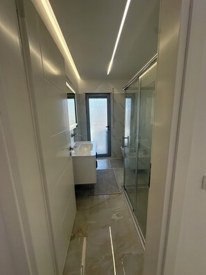 Shower, hair dryer, bidet, towels