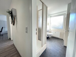 Hair dryer, towels, soap, toilet paper