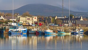 A harbor with several boats docked, buildings in the background, and a mountain in the distance. - Apartment-sleeps2-parking-garden-patio (Castleisland)