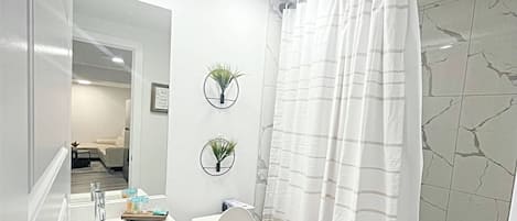 Hair dryer, towels, soap, toilet paper