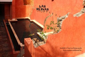 A room with a large, reflective floor, a wall with a significant crack, and a small plant near the crack. - Casa Las Ruinas Boutique Hotel (San Juan)