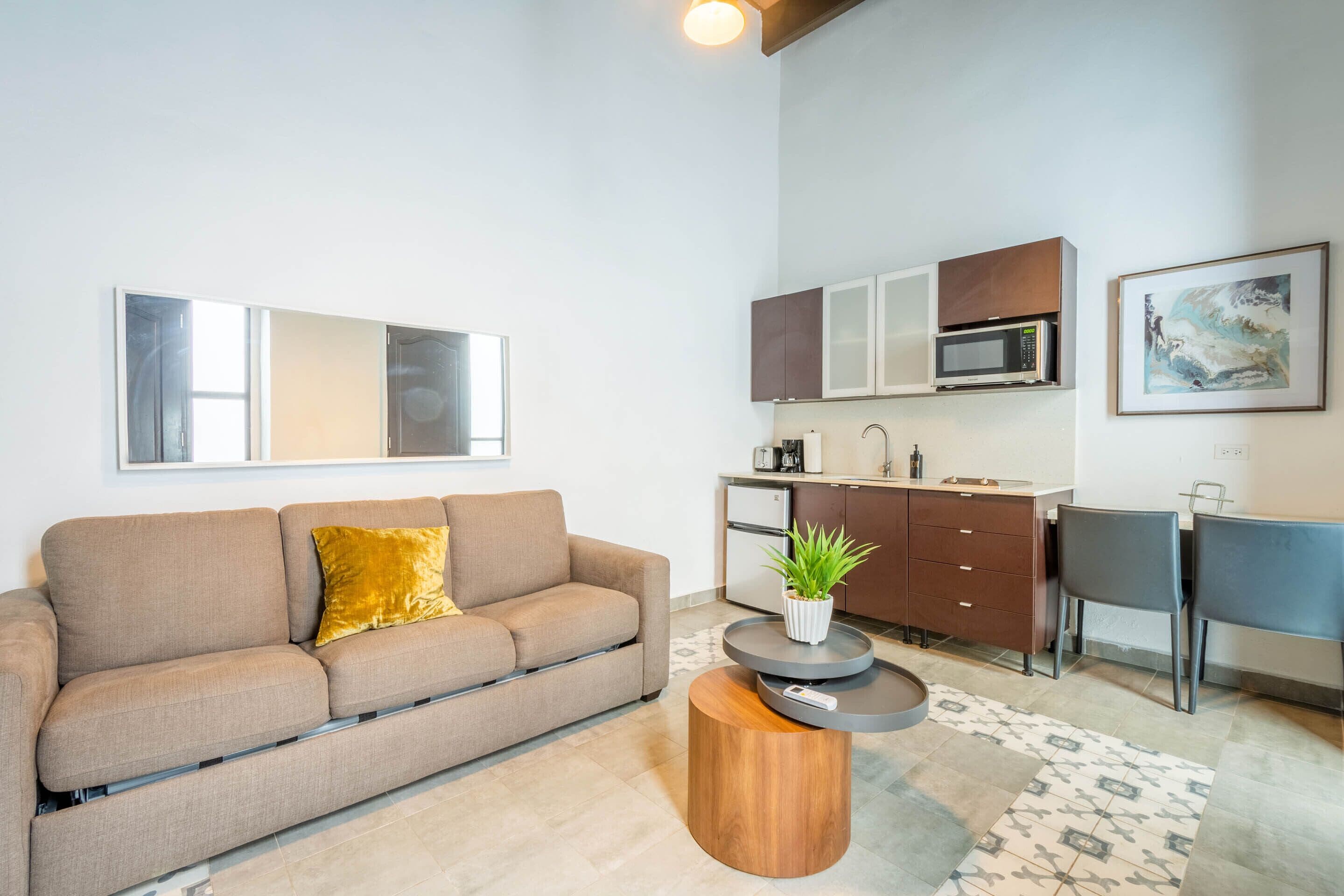 Una sala de estar moderna con un sofá, una mesa de centro con una planta, y una zona de cocina con armarios y electrodomésticos.