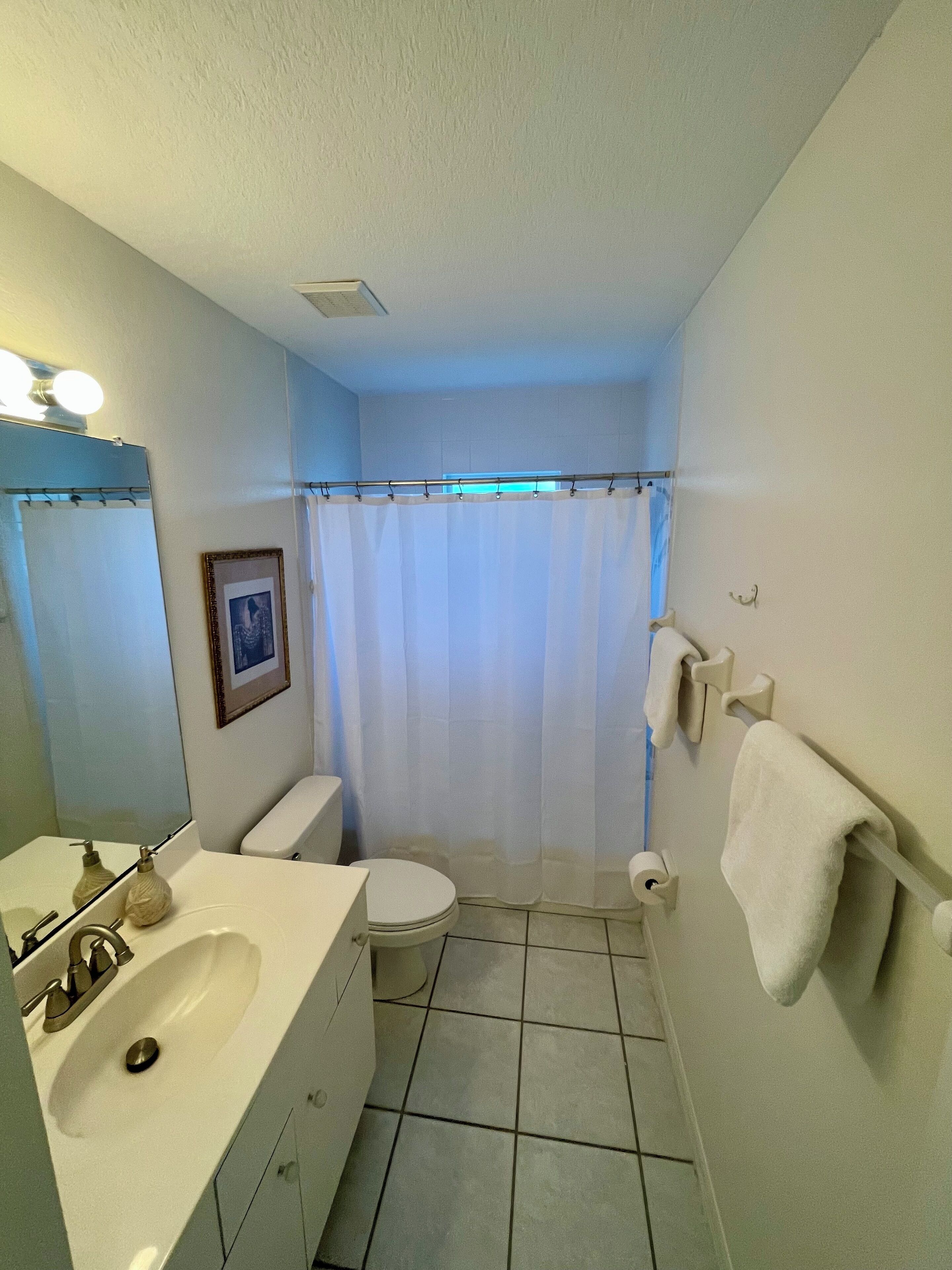 Une salle de bain équipée d’un lavabo, de toilettes et d’un rideau de douche.