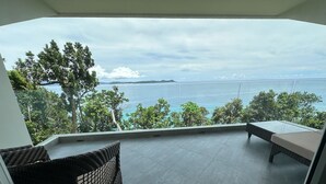 A balcony with a view of the sea and trees.